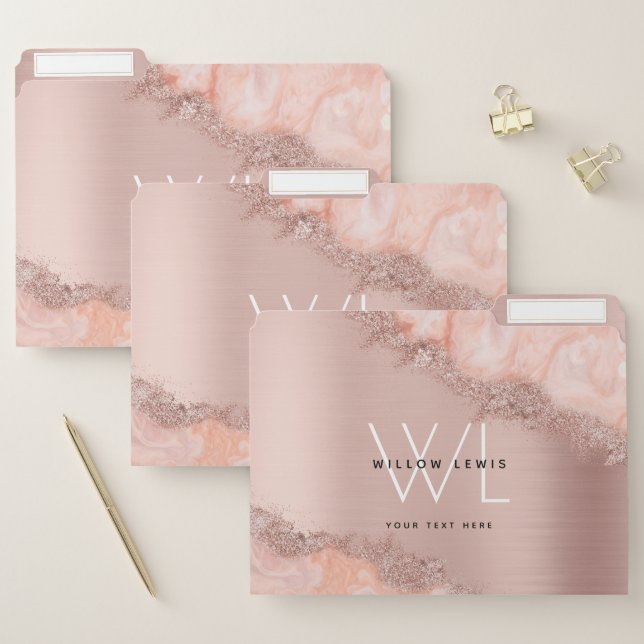 Rose Gold Blush Pink Agate Geode Glitter Monogram  File Folder (Set)