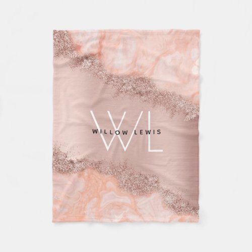 Rose Gold Blush Pink Agate Geode Glitter Monogram Fleece Blanket