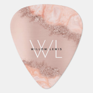 Rose Gold Blush Pink Agate Geode Glitter Monogram  Guitar Pick