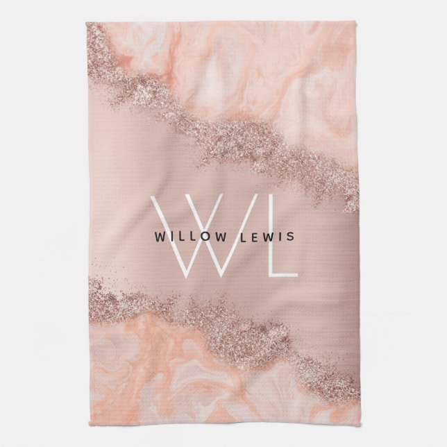 Rose Gold Blush Pink Agate Geode Glitter Monogram  Kitchen Towel (Vertical)