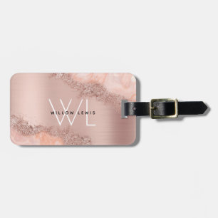 Rose Gold Blush Pink Agate Geode Glitter Monogram Luggage Tag