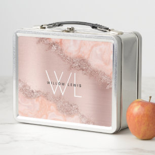Rose Gold Blush Pink Agate Geode Glitter Monogram  Metal Lunch Box
