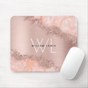 Rose Gold Blush Pink Agate Geode Glitter Monogram Mouse Pad