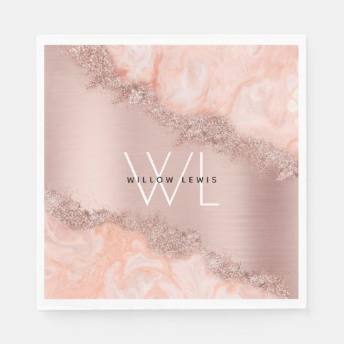 Rose Gold Blush Pink Agate Geode Glitter Monogram Napkins