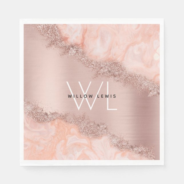 Rose Gold Blush Pink Agate Geode Glitter Monogram Napkins (Front)