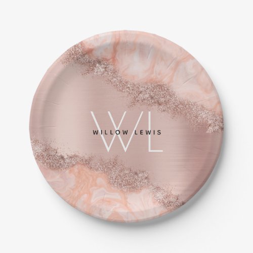 Rose Gold Blush Pink Agate Geode Glitter Monogram Paper Plates