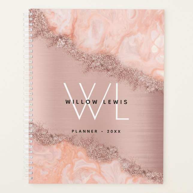 Rose Gold Blush Pink Agate Geode Glitter Monogram Planner (Front)