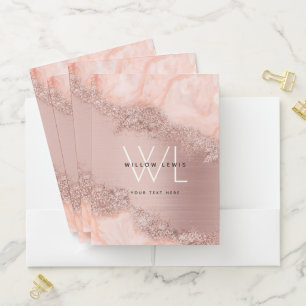 Rose Gold Blush Pink Agate Geode Glitter Monogram  Pocket Folder