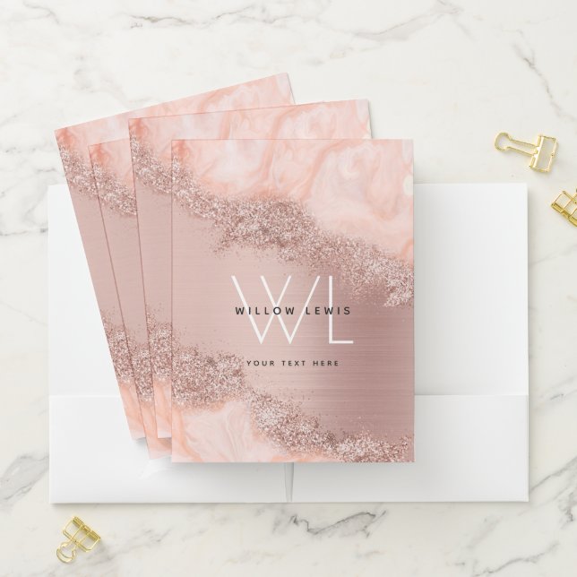 Rose Gold Blush Pink Agate Geode Glitter Monogram  Pocket Folder (In Situ)