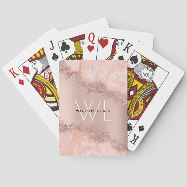 Rose Gold Blush Pink Agate Geode Glitter Monogram Poker Cards (Back)