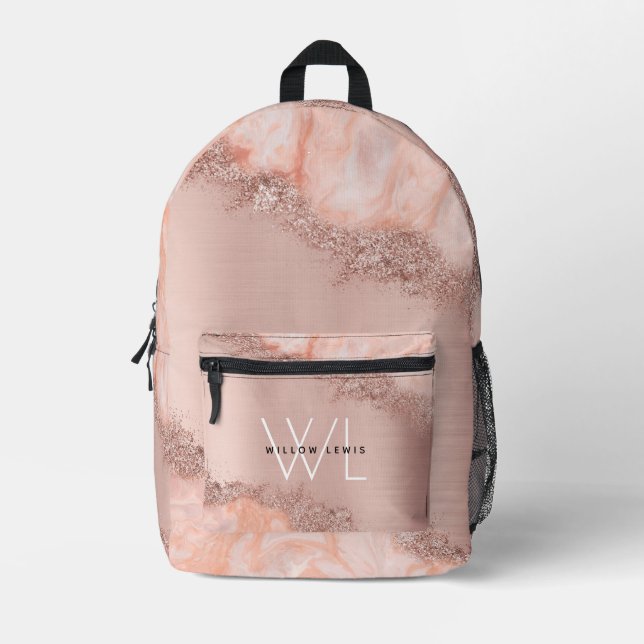 Rose Gold Blush Pink Agate Geode Glitter Monogram Printed Backpack (Front)