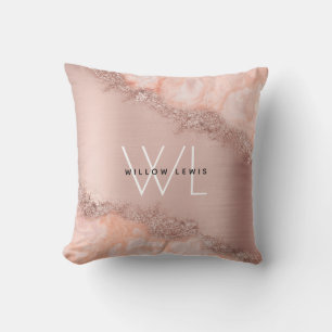 Rose Gold Blush Pink Agate Geode Glitter Monogram  Throw Pillow