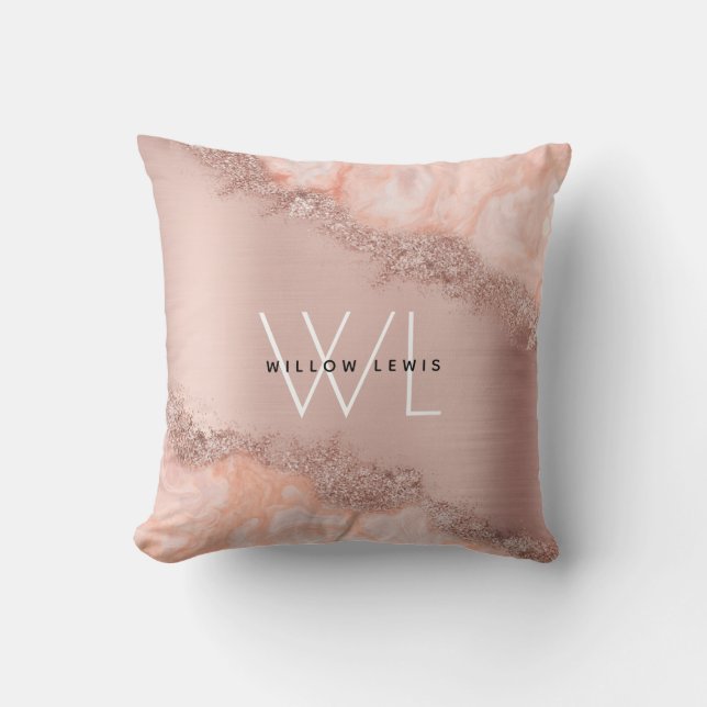Rose Gold Blush Pink Agate Geode Glitter Monogram  Throw Pillow (Front)