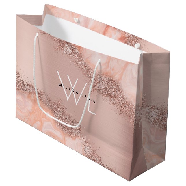 Rose Gold Blush Pink Agate Geode Glitter Monogramt Large Gift Bag (Front Angled)