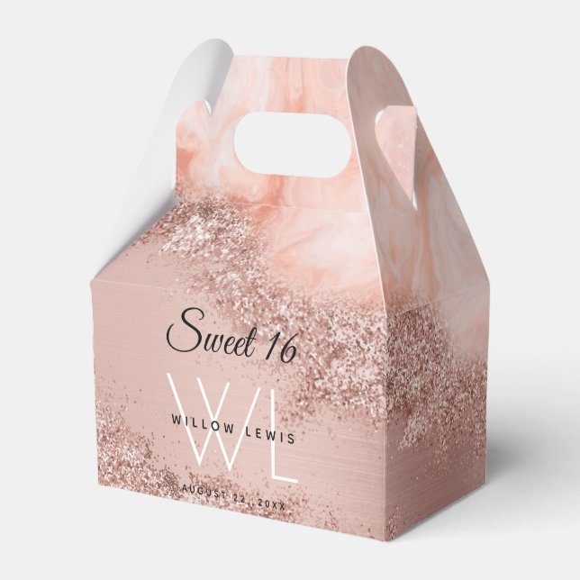 Rose Gold Blush Pink Agate Geode Glitter Sweet 16  Favor Boxes (Front Side)