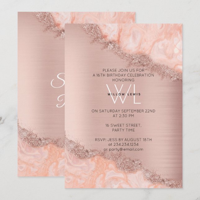 Rose Gold Blush Pink Agate Geode Glitter Sweet 16  Invitation (Front/Back)