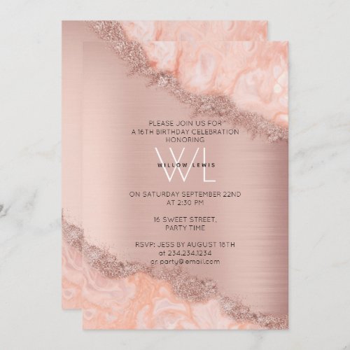 Rose Gold Blush Pink Agate Geode Glitter Sweet 16  Invitation