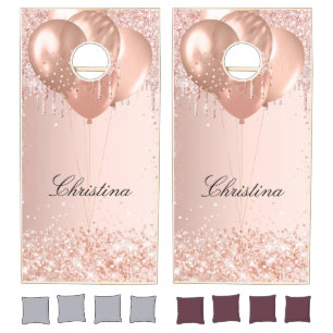 Rose gold blush pink balloons name party cornhole set