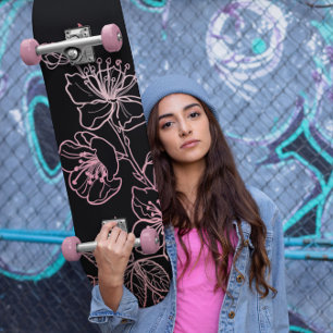 Rose Gold Blush Pink Black Floral Line Art Skateboard