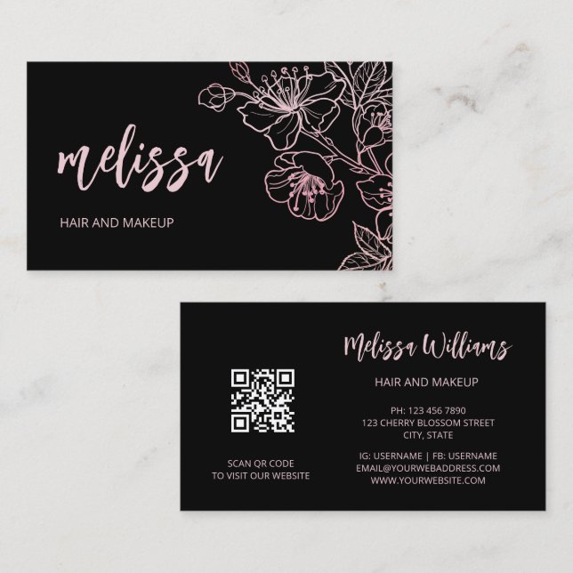Rose Gold Blush Pink Black Floral | QR Code Busine Business Card (Front/Back)