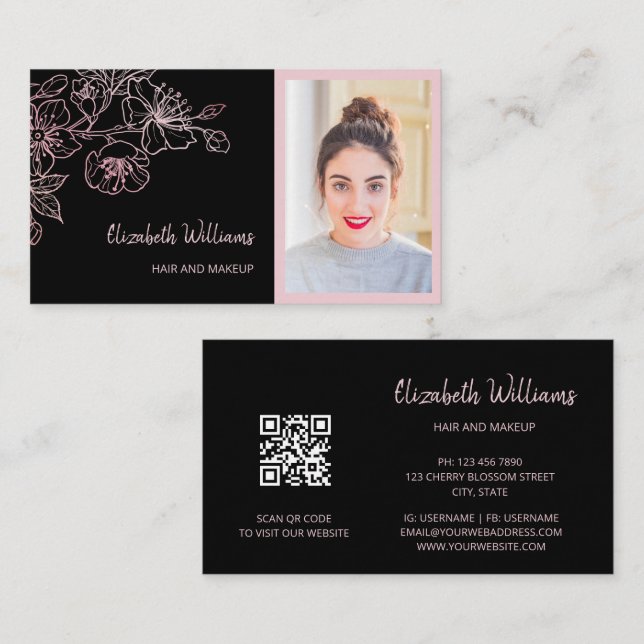 Rose Gold Blush Pink Black Floral | QR Code Busine Business Card (Front/Back)