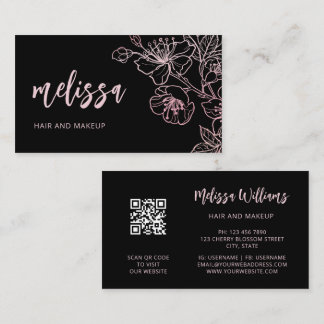 Rose Gold Blush Pink Black Floral | QR Code Busine Business Card