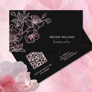 Rose Gold Blush Pink Black Floral   QR Code Business Card