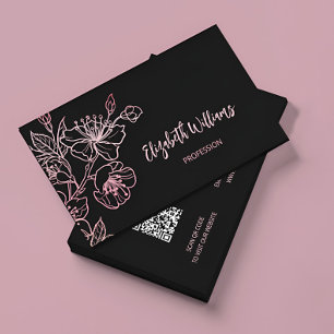 Rose Gold Blush Pink Black Floral QR Code Business Card