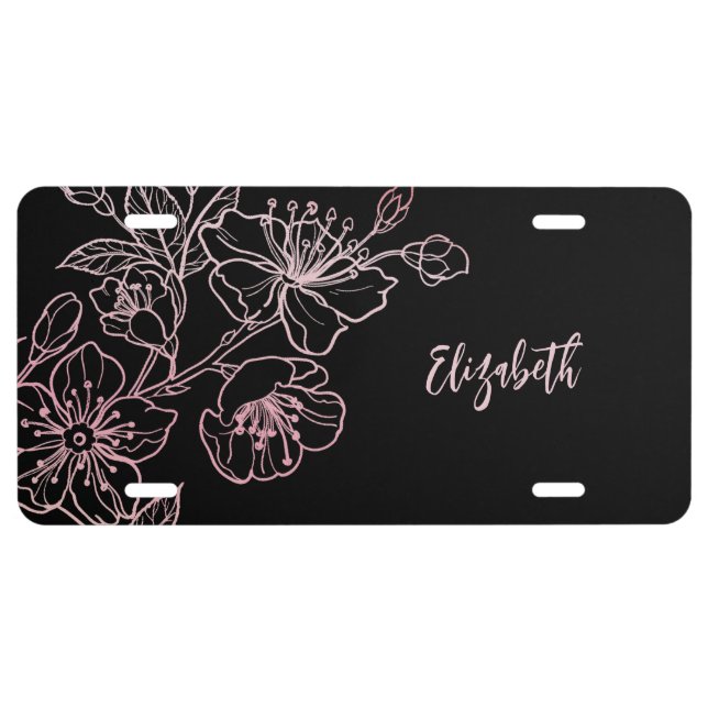Rose Gold Blush Pink Black Floral | QR Code License Plate (Front)