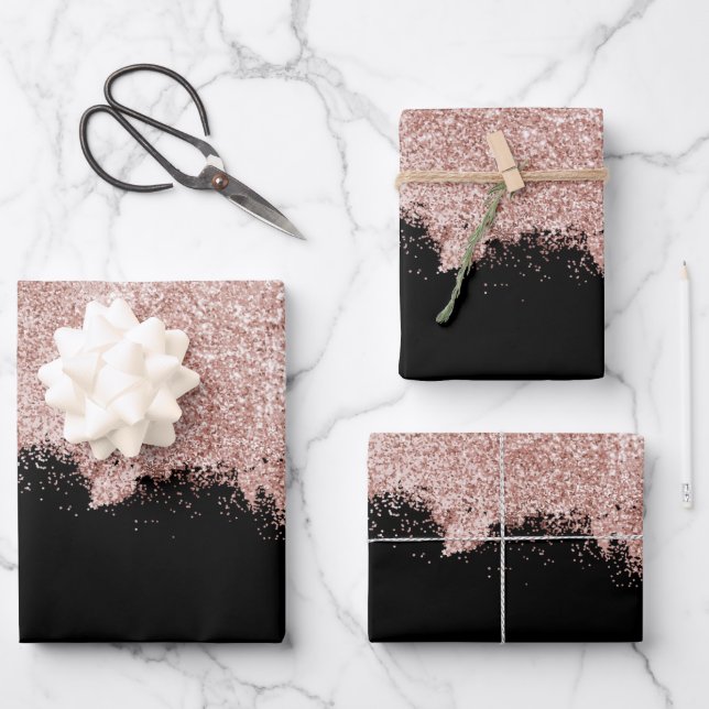 Rose Gold Blush Pink Black Girly Glitter Dust Wrapping Paper Sheets (Front)
