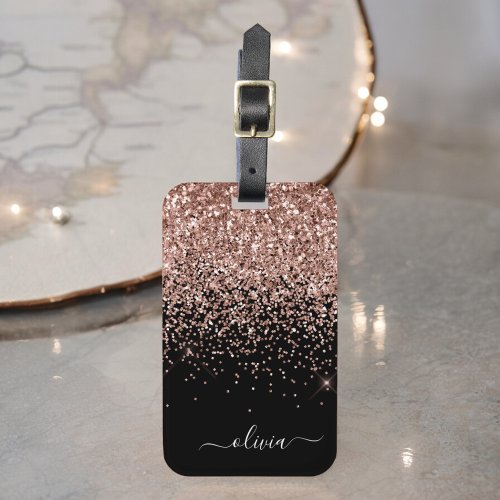 Rose Gold Blush Pink Black Girly Glitter Monogram Luggage Tag