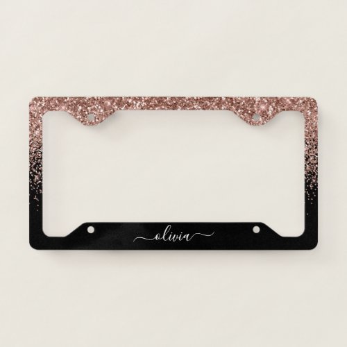 Rose Gold _ Blush Pink Black Glitter Glam Monogram License Plate Frame
