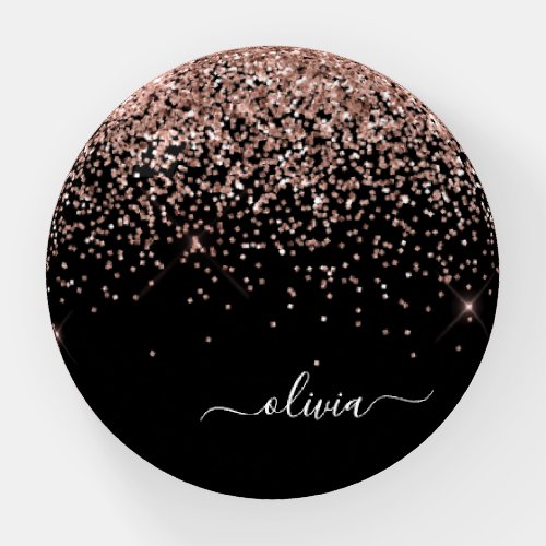 Rose Gold Blush Pink Black Glitter Metal Monogram Paperweight