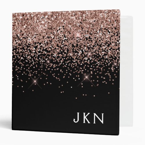 Rose Gold Blush Pink Black Glitter Monogram 3 Ring Binder