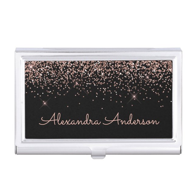 Rose Gold Blush Pink  Black Glitter Monogram Business Card Case (Front)