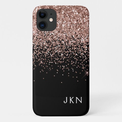 Rose Gold Blush Pink Black Glitter Monogram iPhone 11 Case