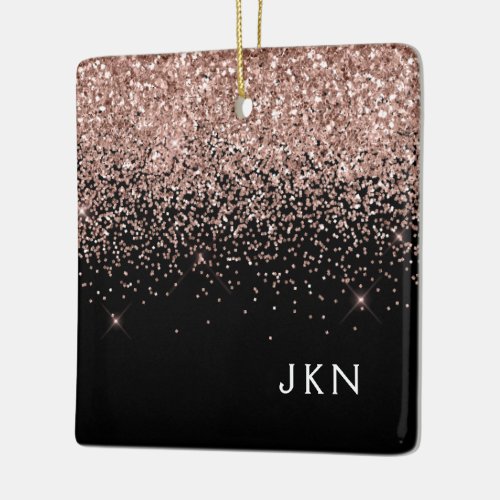 Rose Gold Blush Pink Black Glitter Monogram Ceramic Ornament