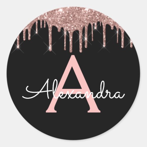 Rose Gold _ Blush Pink Black Glitter Monogram Classic Round Sticker