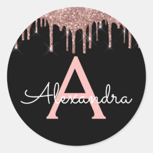 Rose Gold - Blush Pink Black Glitter Monogram Classic Round Sticker