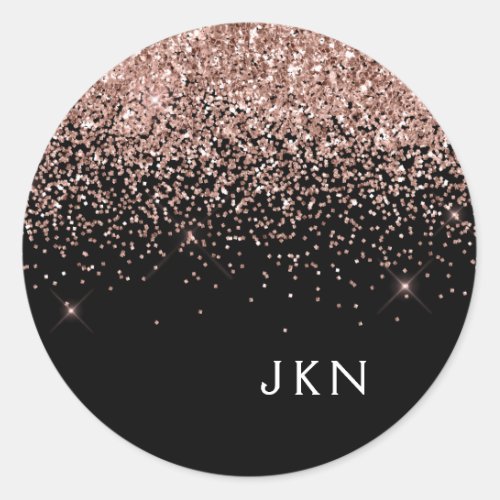 Rose Gold Blush Pink Black Glitter Monogram Classic Round Sticker