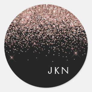 Rose Gold Blush Pink Black Glitter Monogram Classic Round Sticker