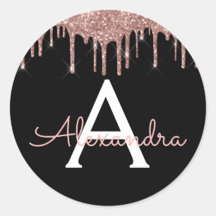 Rose Gold - Blush Pink Black Glitter Monogram Classic Round Sticker