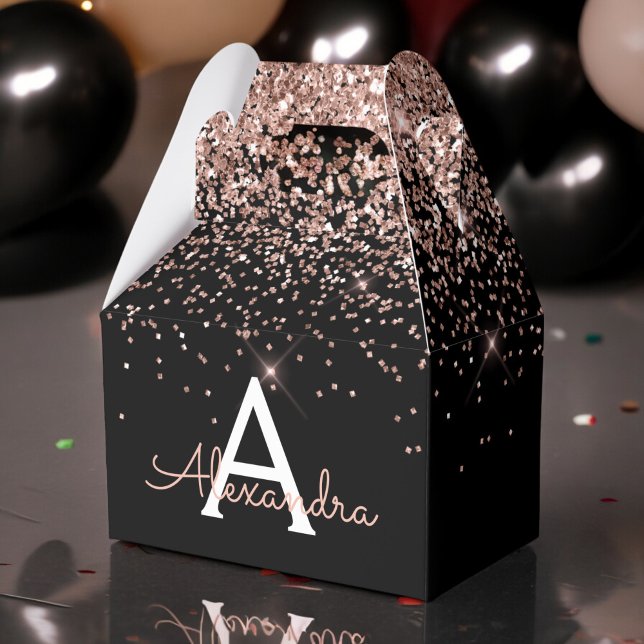 Rose Gold Blush Pink Black Glitter Monogram Favor Boxes (Creator Uploaded)
