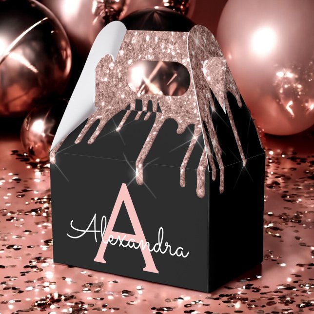 Rose Gold - Blush Pink Black Glitter Monogram Favor Boxes (Creator Uploaded)