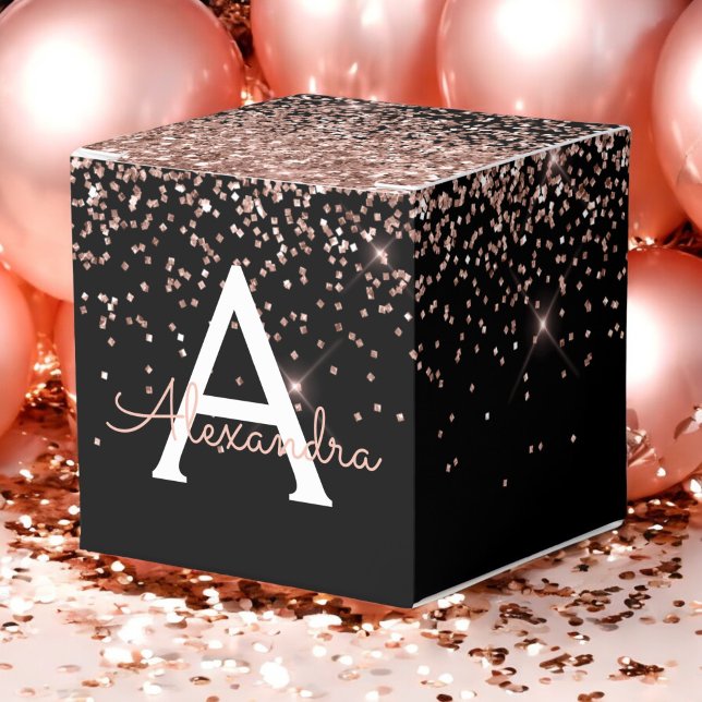 Rose Gold Blush Pink Black Glitter Monogram Favor Boxes (Creator Uploaded)
