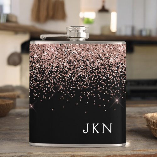 Rose Gold Blush Pink Black Glitter Monogram Flask