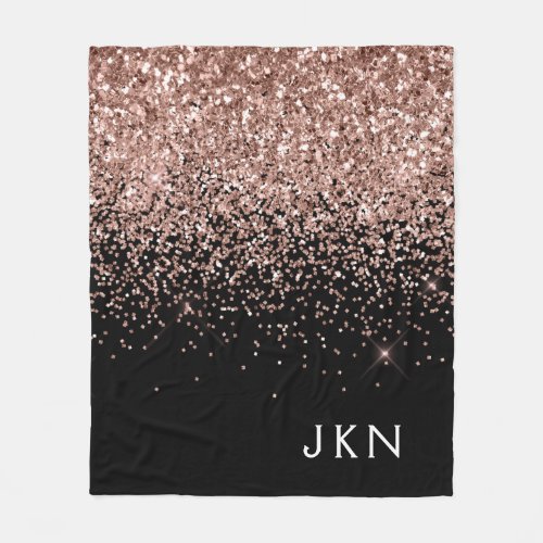 Rose Gold Blush Pink Black Glitter Monogram Fleece Blanket