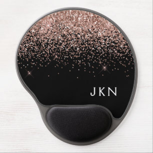 Rose Gold Blush Pink Black Glitter Monogram Gel Mouse Pad