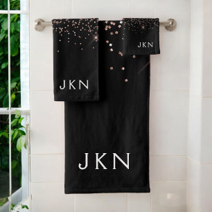 Rose Gold Blush Pink Black Glitter Monogram Girly Bath Towel Set