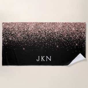 Rose Gold Blush Pink Black Glitter Monogram Girly Beach Towel